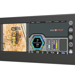 Mit der Bird-View-Funktion wird das gesamte Umfeld um ein Fahrzeug oder einer Maschine aus der Vogelperspektive kontrolliert und auf den Geräten GSt-A070 oder GSt-A123 (im Bild) dargestellt.(Bild:  Graf-Syteco GmbH & Co. KG)