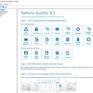 Nachdem Netwrix Auditor installiert wurde, lassen sich über die Netwirx Auditor Administrator Console die verschiedenen Bereiche in Active Directory und anderen Microsoft- sowie VMware-Umgebungen überwachen. In diesem zentralen Fenster wird das zu überwachende Objekt ausgewählt.