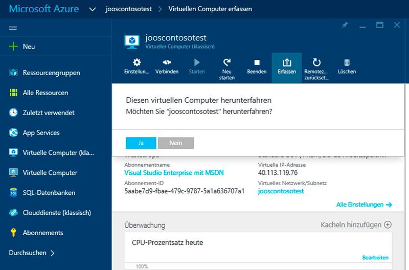 Virtuelle Computer, die nicht benötigt werden, sollten im Portal ausgeschaltet werden. Wird die VM wieder benötigt, können Administratoren diese immer wieder einschalten. Wer nicht mit der Testversion von Azure arbeitet, sondern mit einem Abonnement, spart dazu noch bares Geld. (Bild: Microsoft)