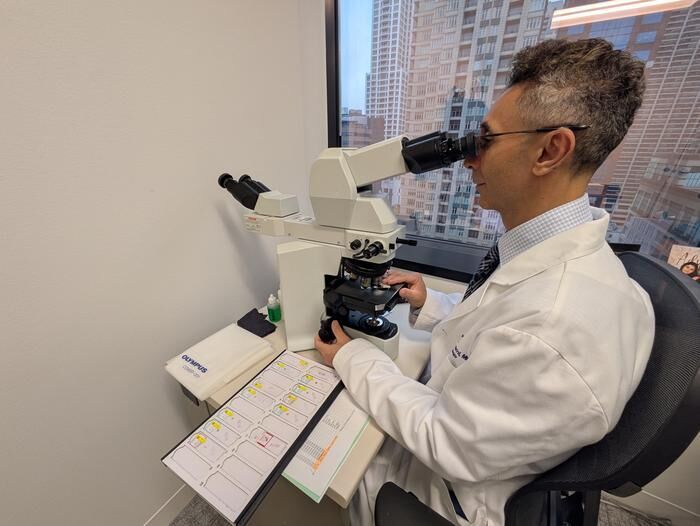 Dr. Pedram Gerami looking at a skin biopsy in his office (Source: Ben Schamisso / Northwestern University)