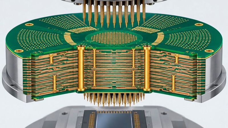 Schematische Darstellung einer hochlagigen ATE-Testleiterplatte: Sie verbindet das Testsystem mit dem Prüfling und führt zahlreiche Signal-, Versorgungs- und Masseverbindungen auf engem Raum zusammen.(Bild:  Dall-E / KI-generiert)