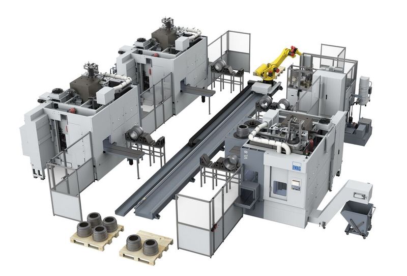 Das Emag-Fertigungskonzept für die Lkw-Bremstrommelbearbeitung im Ganzen: Drehmaschinen, Roboterhandling und Automationsablauf nebst Peripherie, Spannmitteln und passenden Werkzeugen sind laut Hersteller zu einer hoch produktiven Einheit geworden. (Bild: Emag)