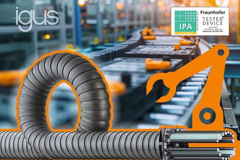 Die Triflex R TRC von Igus sorgt dank Trockenreinraum-Zertifizierung, ESD-Material und Schmierfreiheit für höchste Sicherheit in der Batteriefertigung. (Bild:  Igus SE & Co. KG)