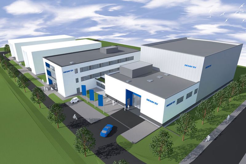 Die Grafik zeigt den neuen Campus von Desay SV in Weimar. Das hohe Gebäude rechts ist die Antennenmesskammer. In der Mitte des Geländes ist ein Bürogebäude geplant. (Bild: Desay SV Europe)