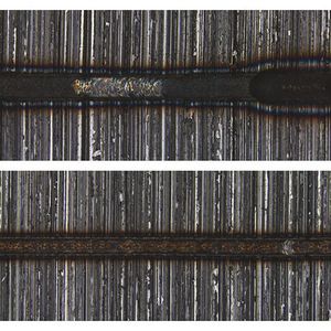 Vorher-nachher: Oben eine Laser-Schweissnaht vor dem „Lernen“, unten eine Schweißnaht aus dem durch den Algorithmus optimierten Vorgang.(Bild:  Empa)