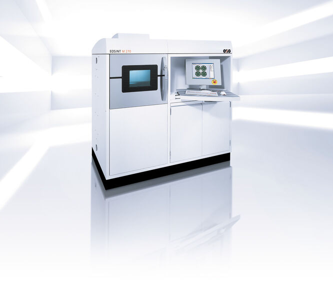 The Eosint M270 builds metal parts using Direct Metal Sintering (DMLS). The technology fuses metal powder into a solid part by melting it locally using a focused laser beam. (Source: EOS)