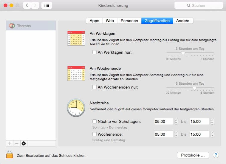 In den Einstellungen für Benutzerkonten ist es auch möglich, die Kindersicherung zu aktivieren. Über diesen Bereich können Administratoren die Installation von Apps verhindern, Anmeldezeiten festlegen und verschiedene Hardware-Geräte wie DVD-Laufwerk, Kamera oder andere Geräte deaktivieren. (Bild: Thomas Joos)