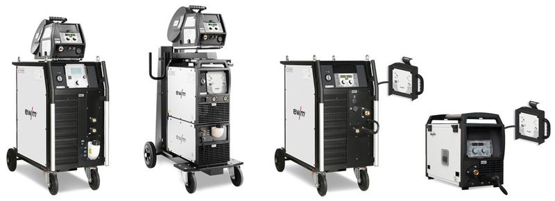 Der Anwender kann die Qualitätssicherungs-Software ewm Xnet entweder über die Steuerung Expert 2.0 in LAN/WLAN Ausführung (links), bei der Progress-Gerätesteuerung über das eingebaute LAN/WLAN-Gateway (Mitte links) oder zum Beispiel bei kompakten MIG/MAG- und WIG-Geräten über das LAN/WLAN-Gateway im externen Gehäuse (Mitte rechts und rechts) nutzen. (EWM)