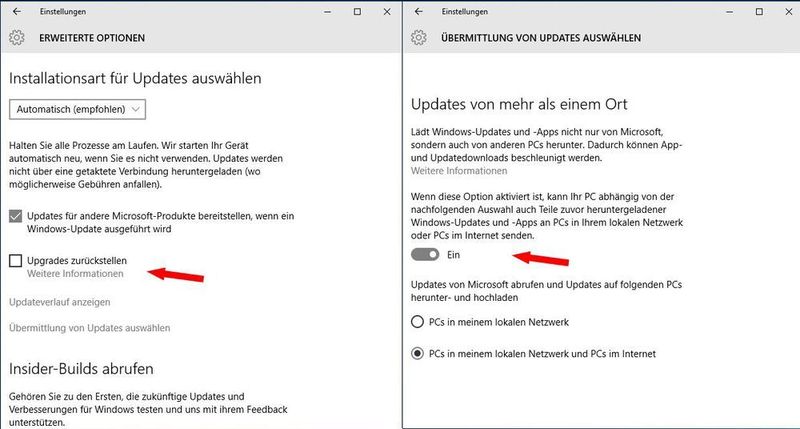 Abbildung 2: Zwei entscheidende Neuigkeiten, wenn es um die „Updates for Business“ geht: Bereits beim Einsatz von Windows 10 Pro können die so genannten Upgrades (die neue Features bringen) zunächst zurückgestellt werden. Zudem können die Updates nun unter anderem auch von anderen PCs im eigenen Netz oder im Internet kommen. (Bild: Schlede/Bär)