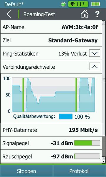Ebenfalls schade ist es, dass der Roaming-Test nicht mit einem einfachen Klick auf das 2,4- oder 5-GHz-Band begrenzt werden kann. So müssen für die Bestimmung des Zellwechsels für Clients, die fest einem Frequenzband zugeordnet sind, entweder unterschiedliche SSIDs bzw. getrennte Netze im 2,4- und 5-GHz-Band aufgespannt werden, um nicht vom 5-GHz-Band des einen APs zum 2,4-GHz-Band des anderen APs zu roamen, oder das Funkmodule des jeweils nicht benötigten Frequenzbandes wird in den Basis-Settinmgs des AirCheck vor der Messung deaktiviert. (VIT (Donner) / NetScout)