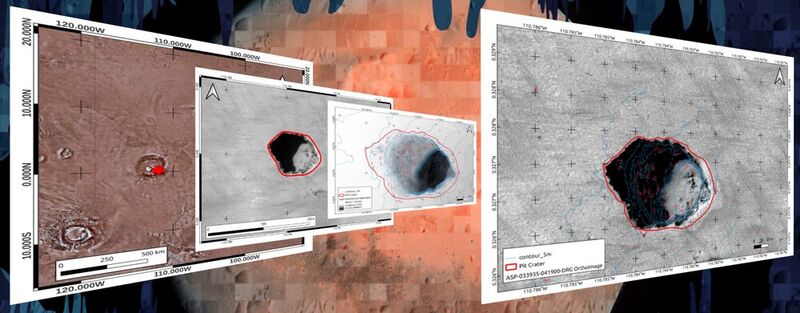 Beispielhafte Schritte von der ersten grossräumigen Erfassung bis zur halbfertigen geomorphologischen Karte einer Grube in der Nähe von Pavonis Mons, Mars.