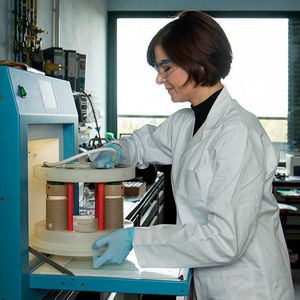 Jennifer Ludwig stellt Reaktionsgefäße in den Mikrowellen-Ofen.