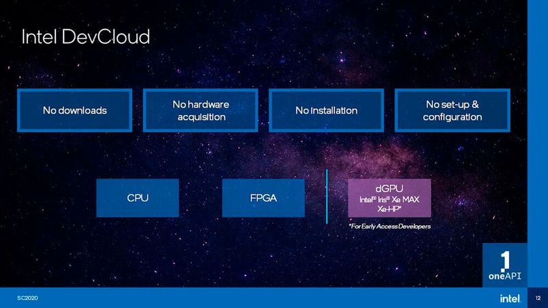 Abbildung 8: Die Charakteristika der „Intel DevCloud“. Rechts unten wird eine neue GPU angekündigt.  (Intel)