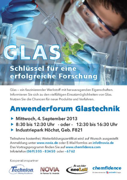 Flyer zum Anwenderforum Glastechnik 2013. (Technion GmbH, chemfidence services gmbh, neoLab Migge Laborbedarf-Vertriebs GmbH,  lily - Fotolia.c)