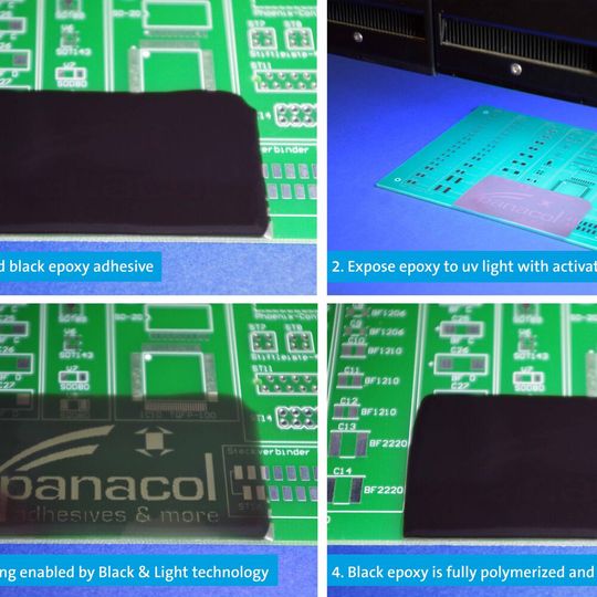 Schwarzer „Black&Light“-Klebstoff wird auf einer Leiterplatte durch UV-Strahlung ausgehärtet. Schwarzer „Black&Light“-Klebstoff wird auf einer Leiterplatte durch UV-Strahlung ausgehärtet.