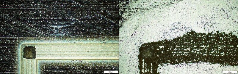 Bild 1: Visuelles Erscheinungsbild eines vorstrukturierten Kanals (Breite: 115 µm) in Abhängigkeit des Prozessschrittes (Aluminiumstärke: 8 µm) (KSG)