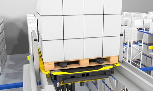 Szene eines Ein- und Auslagerungsprozesses in einem, wie es heißt, volumenoptimierten Palettenkanallager, dem die Kombination des SSI Orbiter mit einem AGV punkten kann.(Bild:  SSI Schäfer)