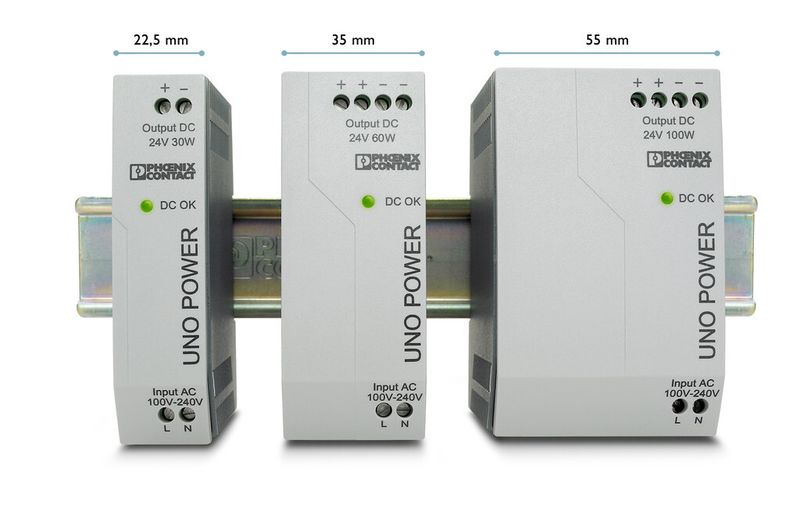Bild 2: Die schmalen Gehäuse der Stromversorgung sparen Platz auf der Tragschiene. (Bild: Phoenix Contact)