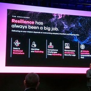 CEO Sanjay Mirchandani zeigt eine Übersicht über die wichtigsten Risiken. Erstmals ist auch Identität berücksichtigt. KI ist sowohl Innovationsmotor als auch ein wachsendes Risiko.(Bild:  Commvault)