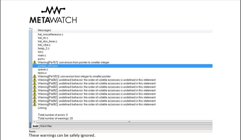 MetaWatch Firmware Design Guide: Warnungen, die ignoriert werden können (Bild: Reichelt/metawatch.org)