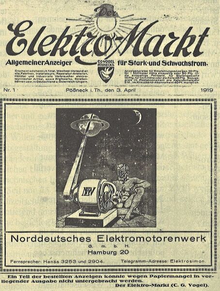 Die Erstausgabe, damals noch unter dem Namen „Elektro-Markt“, sollte eigentlich 1918 erscheinen. Wegen Papiernot musste sie auf April 1919 verschoben werden und sah noch sehr schlicht aus. (elektrotechnik)