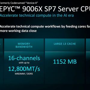 Beim Epyc 9006X für den Sockel SP7 hat AMD den bis zu 96 Zen-6-Cores einen zusätzlichen L3-Cache spendiert. Im Vollausbau verfügt Venice-X damit über 1.152 MB L3-Cache.(Bild:  AMD)