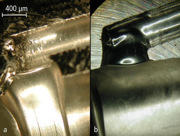 Bild 1 (links): Komplexe Innenkontur vor (a) und nach der Bearbeitung (b). Das Strömungsschleifen erzeugt hochwertige Entgrat- und Polierergebnisse. Bild: Micro Technica (Archiv: Vogel Business Media)