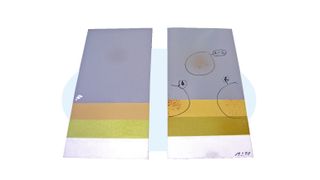 Abb.1: Im Labor nachgestellter Lackaufbau mit: Washprimer (oliv), Grundierung (ocker) und Decklack (grau), jeweils nach thermischer Belastung (Bild: WIWeB)