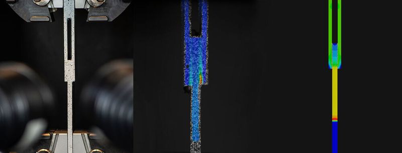 Mischverbindung aus GFK und Aluminium in Form einer geklebten doppelt überlappten Zug-Scher-Probe. Links: Mechanische Prüfung mit optischer Dehnungsmessung anhand eines schwarz-weiß Musters. Mitte: Farblicher Spannungsverlauf einer Momentaufnahme. Rechts: Spannungsdarstellung der Fügeverbindung im Simulationstool PAM-Crash. (IWS)