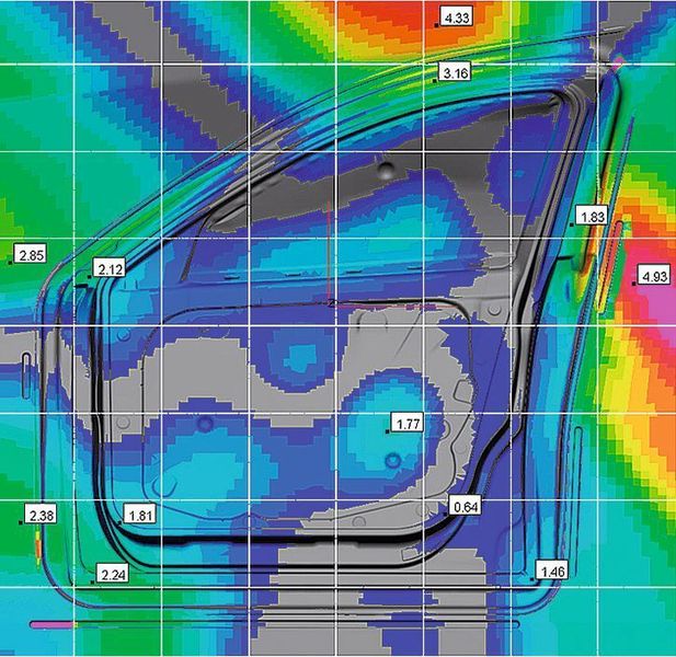 Rückfederungskompensation an einer Autotür: 1. Stufe Kompensation, ... Bild: Nuova Teknocam/ESI Group (Archiv: Vogel Business Media)