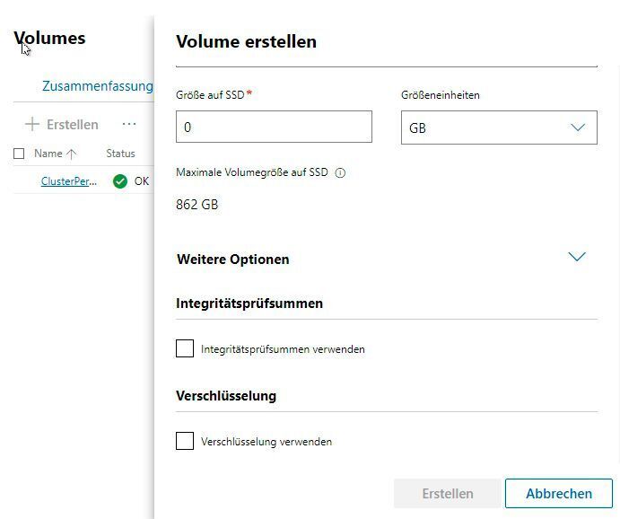 Erstellen neuer Volumes und Definieren zusätzlicher Optionen. (Joos/Microsoft (Screenshot))