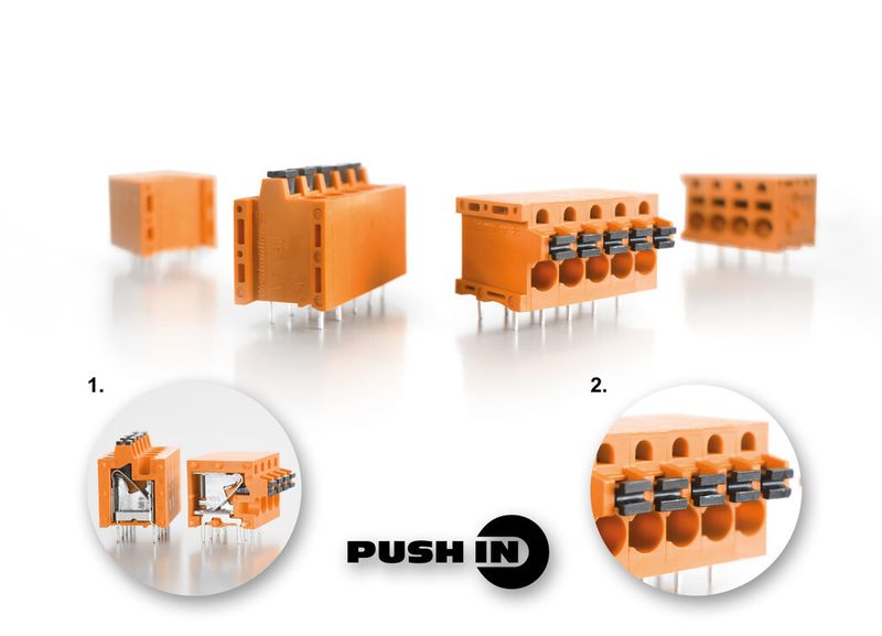 Leiterplattenklemme mit innovativer PUSH IN-Anschlusstechnik. Detail 1: Leiterabgangsrichtung 90° und 180°. Detail 2: „Pusher“: Durch Betätigen des „Pushers“ lässt sich die Klemmstelle leicht öffnen. (Bild: Weidmüller)
