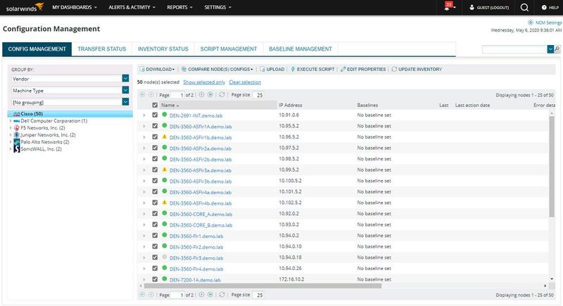 Der NCM im Einsatz mit vielen Komponenten, die sich gleichzeitig auswählen und bearbeiten lassen. (Bild: SolarWinds / IT-Testlab / Dr. Götz Güttich)