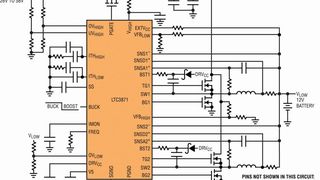 Die bidirektionale Schaltung des LTC3871: Generiert einen 12-V-Ausgang aus einem Eingang zwischen 26 und 58 V und liefert 30 A Strom.  (Bild: Analog Devices)