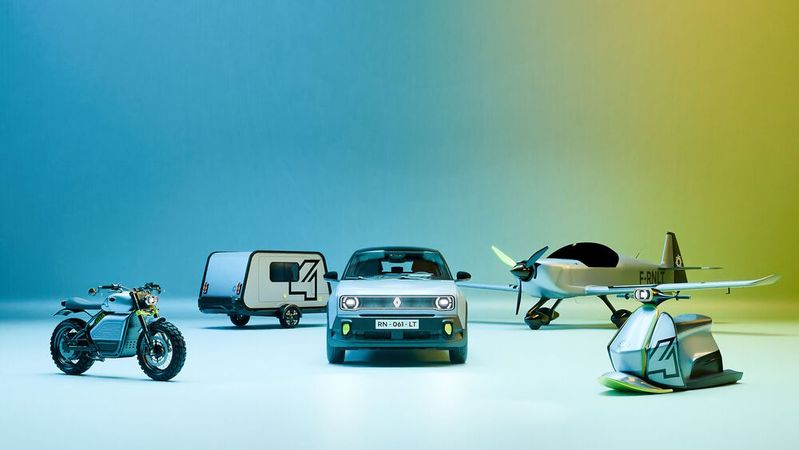 Renault bietet passend zum neuen R4 E-Tech ein E-Moped, ein E-Flugzeug, ein E-Jetski und einen Leichtbau-Wohnwagen an(Bild:  Renault)