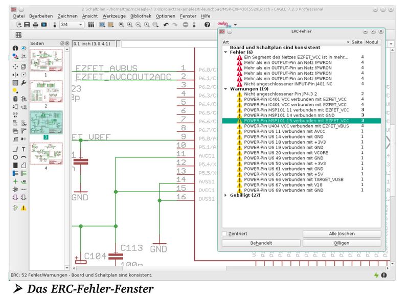 CadSoft Eagle7 im Überblick: ERC­Fehler­Fenster (Bild: CadSoft)