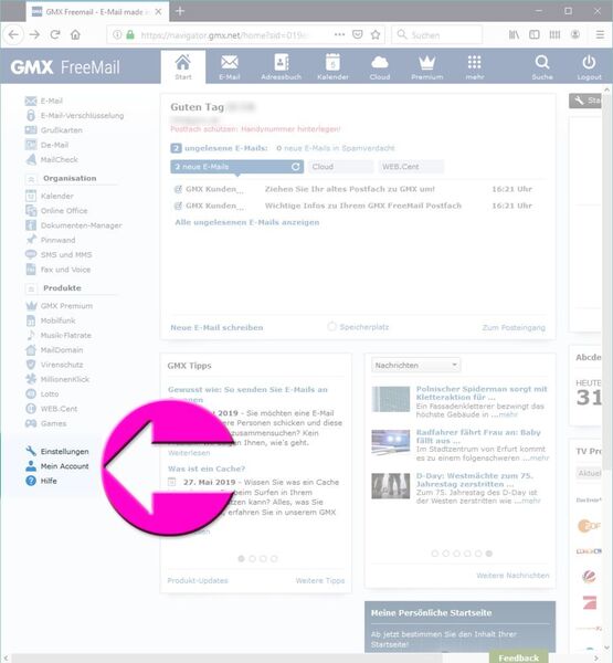 Um die 2FA bei GMX einzurichten klicken Sie zunächst auf „Mein Account“. (Screenshot (gmx.de))