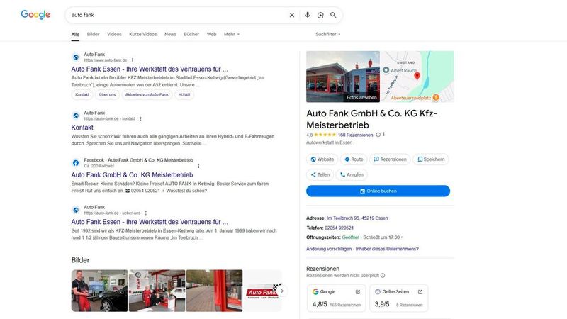 Der Button „Online buchen“ erscheint im Google-Unternehmensporträt auf der rechten Seite des Browserfensters.(Bild:  Screenshot »kfz-betrieb«)