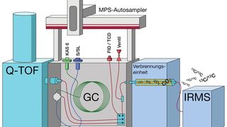 Abb.1: Schematische Darstellung des von Markus Dörner und Kollegen verwendeten MPS-MPS-GC-Multidetektor-Komplettsystemsfür die allumfassende Analyse organischer geochemischer Verbindungen, im vorliegenden Fall in Erdöl, Sedimentextrakten und Erdgas.  (Gerstel / Dr. Malte Reimold )
