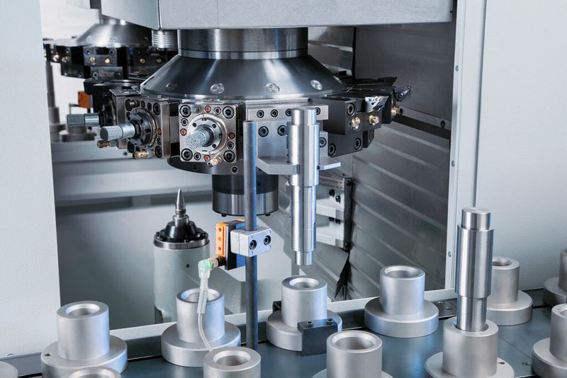 Bild 2: Über einen Greifer im Revolver wird die Maschine beladen. Er nimmt die Werkstücke von der seitlichen Werkstückzuführung auf. (Bild: Emag)