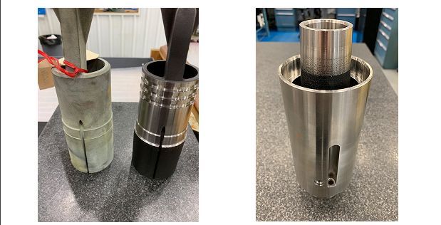 Links: Ein 3D-gedrucktes Teil, das in der Öl- und Gasindustrie verwendet wird (links), wird durch Präzisionsbearbeitung (rechts) so umgewandelt, dass es die anspruchsvollen Spezifikationen erfüllt. Wenn Massenteile das Ende ihrer Lebensdauer erreichen, kann ihr Material jetzt mit der proprietären, einstufigen Greyhound M2P-Plattform von Continuum recycelt werden, wobei neue, hochwertige Materialien über Continuum Powder as a Service (CPaaS) an den Hersteller zurückgegeben werden.  Rechts: Eine fertige, 3D-gedruckte Öl- und Gaskomponente mit einer speziellen Beschichtung des Innendurchmessers, die den Verschleiß reduziert und die Lebensdauer verlängert. (Bild:  Mit freundlicher Genehmigung von Knust-Godwin)