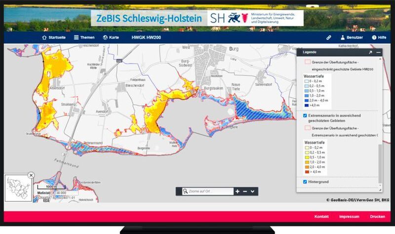 Die Hochwasserkarte von Schleswig-Holstein im ZeBIS-Portal  (Disy)