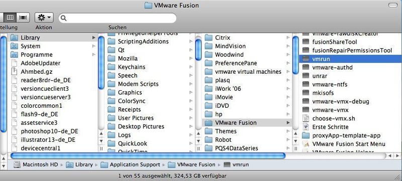 Abbildung 27: Weitere Einstellmöglichkeiten gibt es für fortgeschrittene Benutzer im Application Support-Verzeichnis der Library. Hier ist insbesondere das Tool vmrun zu erwähnen, mit dem per Kommandozeile (Bash) VMware Fusion gesteuert werden kann. Darunter fallen Startparameter und Snapshots. Das oben gezeigte Verzeichnis „vmware virtual machines“ ist das benutzerdefinierte Verzeichnis für die virtuellen Maschinen, das auch an anderer Stelle stehen kann (siehe Abbildung 7). Weitere Informationen bzw. Anleitungen für die Tools gibt es auf der Website von VMware. (Archiv: Vogel Business Media)