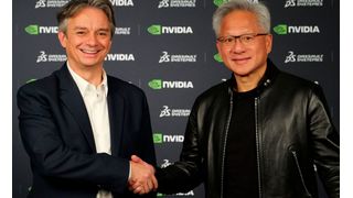 Pascal Daloz, CEO von Dassault Systèmes. und Jensen Huang, CEO von Nvidia, verkündeten auf der 3D-Experience World ihre Zusammenarbeit. (Bild: Dassault Systèmes)