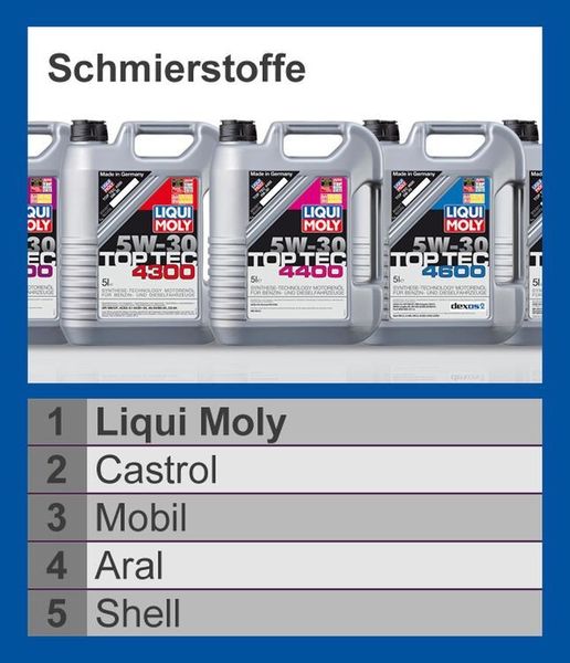 Die Platzierten bei  den „Best Brands“ 2013 von „Auto Motor und Sport“ in der Kategorie „Schmierstoffe“. (Foto: Liqui Moly)