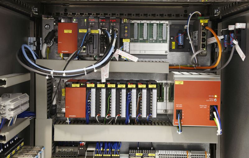 Alle vier Mitsubishi Electric CPUs sind auf den Baugruppenträger der iQ Platform montiert und kommunizieren über den Rückwandbus direkt miteinander, sodass eine besonders schnelle Synchronisation möglich ist. Außerdem verfügt der Rundtakttisch über eine Sicherheitssteuerung SPS Safety Controller CPU. Die Schaltschränke sind als Einheit konzipiert und können einfach in die Fertigungslinie integriert werden. (Bild: Mitsubishi Electric Europe)