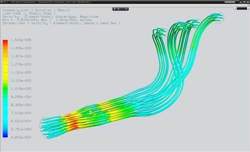 2 Synchronous Technology Design Tools  ... ermöglichen es Anwendern aus der technischen Berechnung, schnell Fluid-Domain-Volumen, in diesem Fall eines Abgaskrümmers, zu erzeugen. Das Fluid-Domain wurde anschließend genutzt, um eine CFD Flussanalyse in NX Flow zu generieren und wurde dann im NX-CAE-Postprozessor als Streamline plot dargestellt. Bilder: Siemens PLM Software (Archiv: Vogel Business Media)