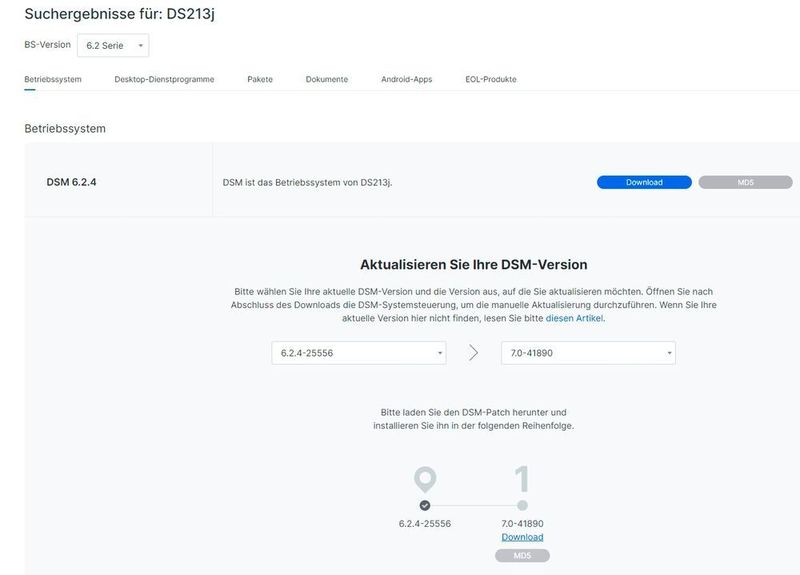 Die Installationsdateien für DSM 7.0 stehen zum Download über die Synology-Webseite zur Verfügung. (Joos/Synology (Screenshot))