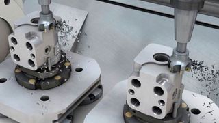 Hochproduktiv doppelspindlig fertigen mit Einspindel-CNC-korrigierter Finishbearbeitung. Alle Werkstücke/Nester können mit nur einer Spindel erreicht werden. (Mikron)