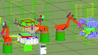 Simulation der Pressenbeschickung mit Robotern. (Bild: Bilsing)